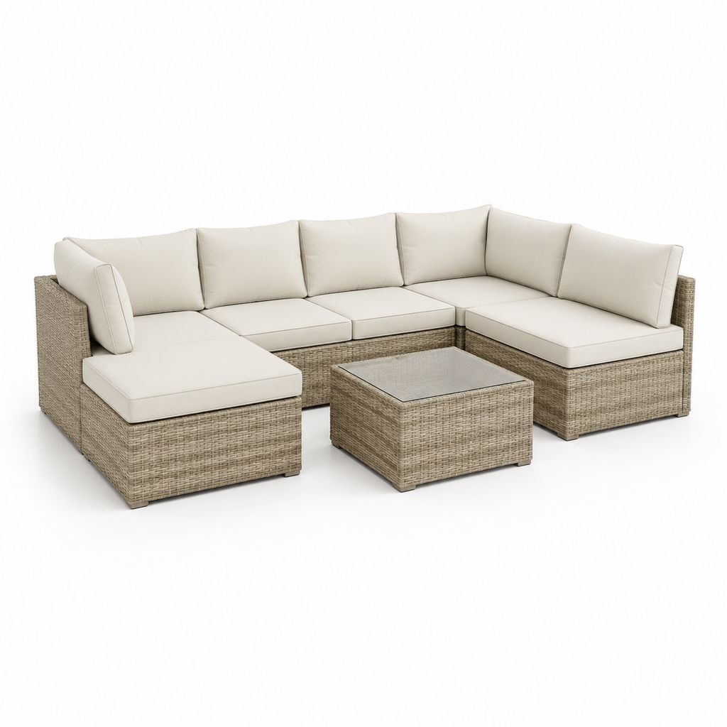 Salon de jardin d'angle 5 places beige en résine tressée PE avec table basse 260 x 200 x 85 cm