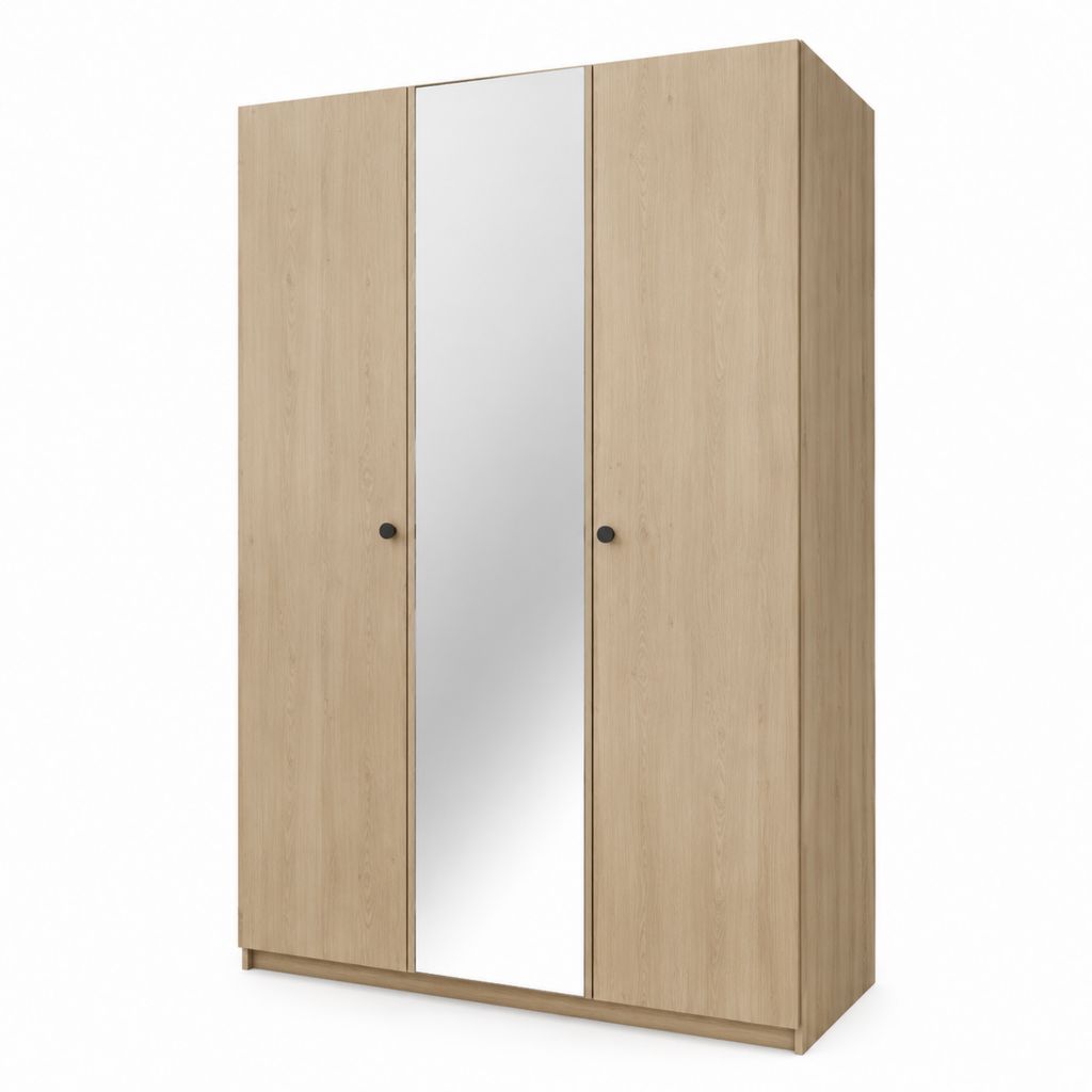Armoire de chambre 3 portes avec miroir chêne clair en panneaux de particules 120 x 52 x 200 cm