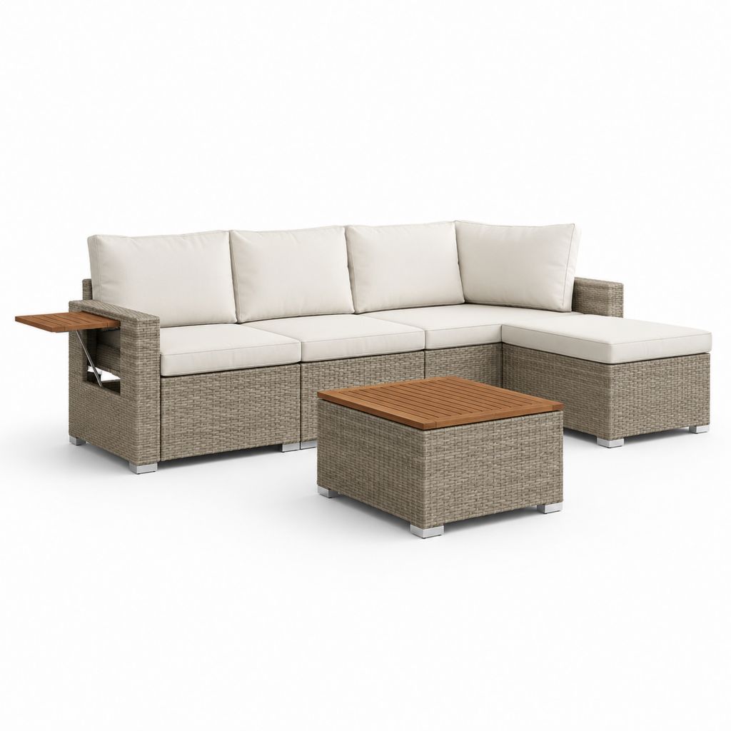 Salon de jardin d’angle 5 pièces gris en résine tressée PE avec coussins polyester 250 x 165 x 65 cm