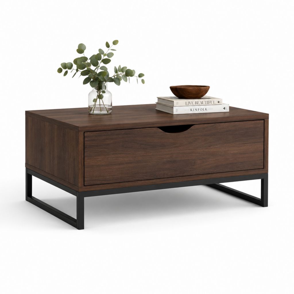 Table basse rectangulaire avec tiroir brun noyer MDF et acier 100 x 60 x 40 cm