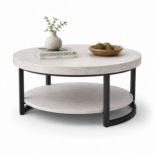 Table basse ronde avec étagère chêne clair et acier noir 80 x 80 x 45 cm