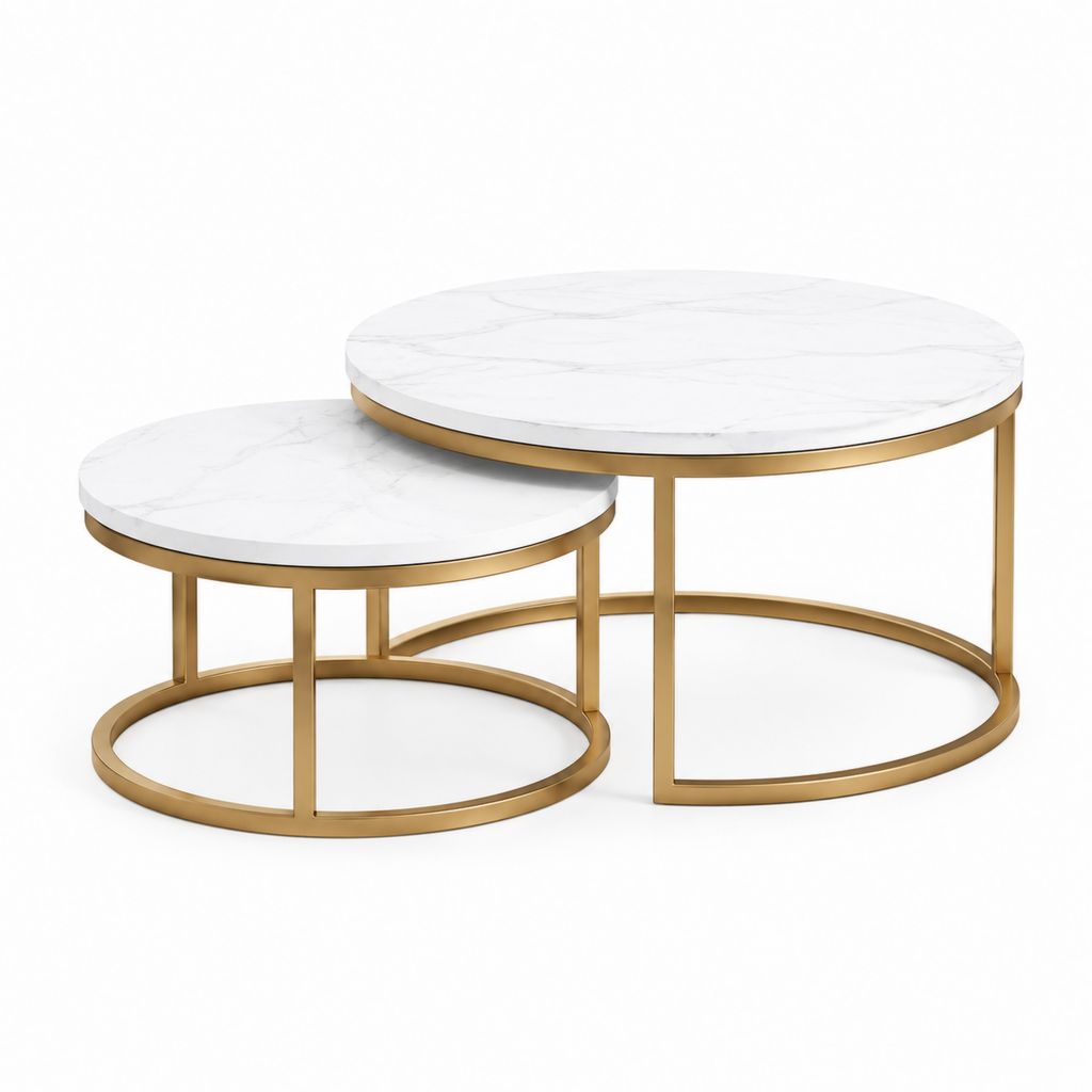 Lot de 2 tables basses rondes blanches effet marbre et acier doré Ø80 x 45 cm Ø60 x 38 cm