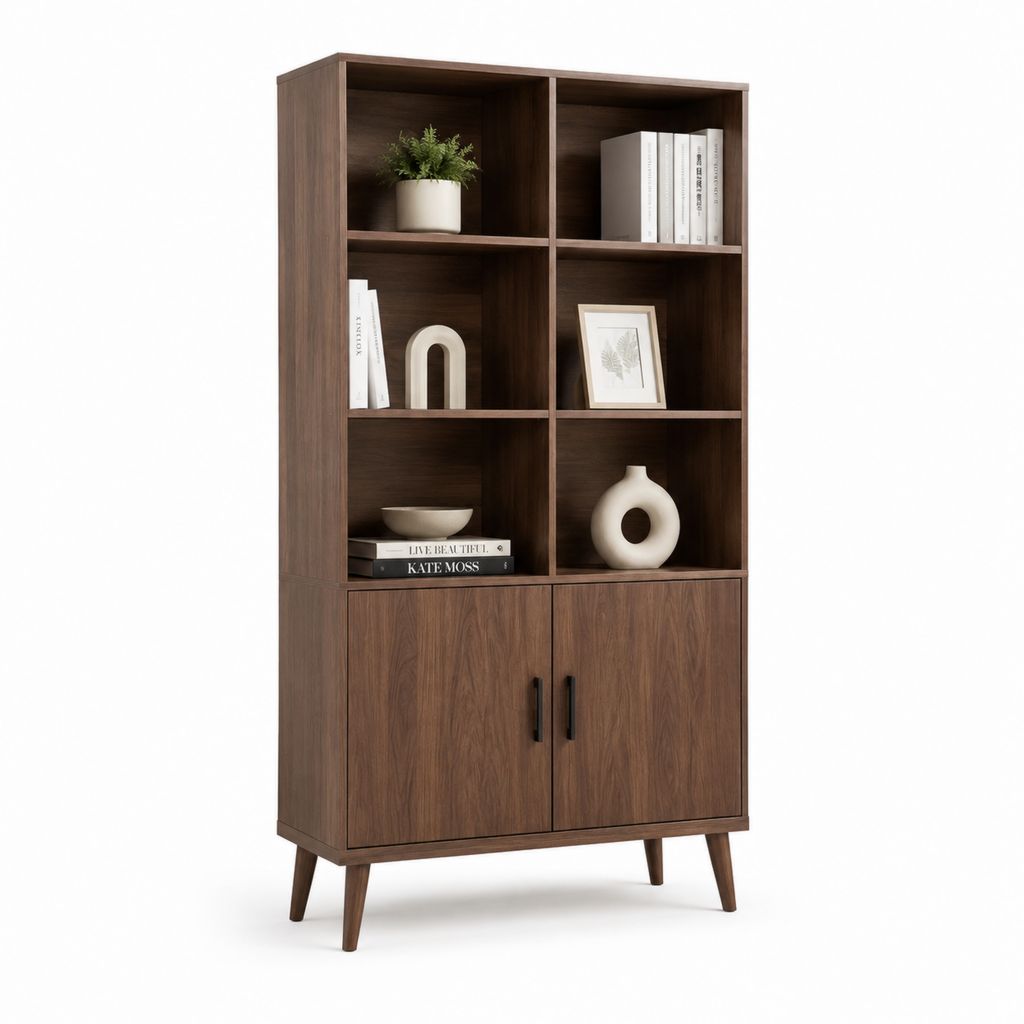 Bibliothèque vitrine 2 portes brun noyer en panneaux MDF 80 x 30 x 180 cm