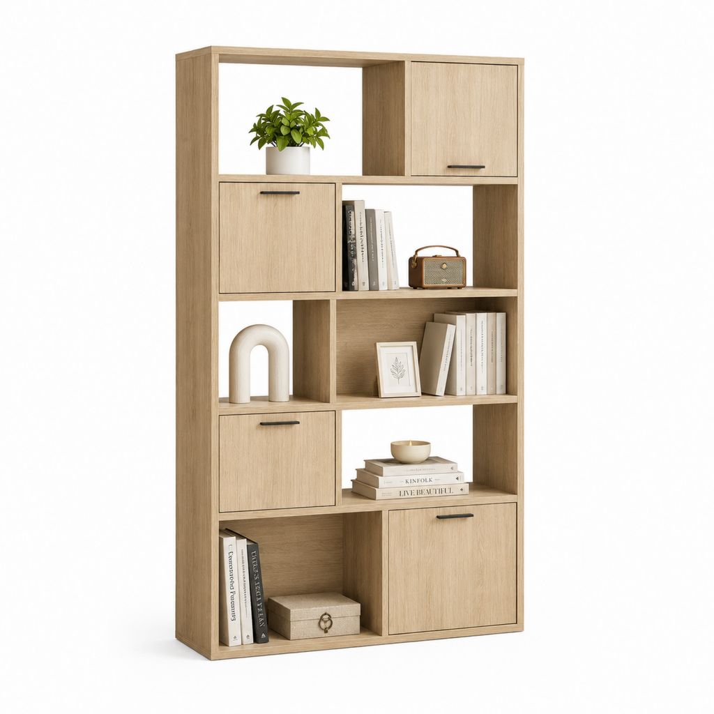 Bibliothèque haute avec 4 portes chêne clair en panneaux de particules 80 x 30 x 180 cm