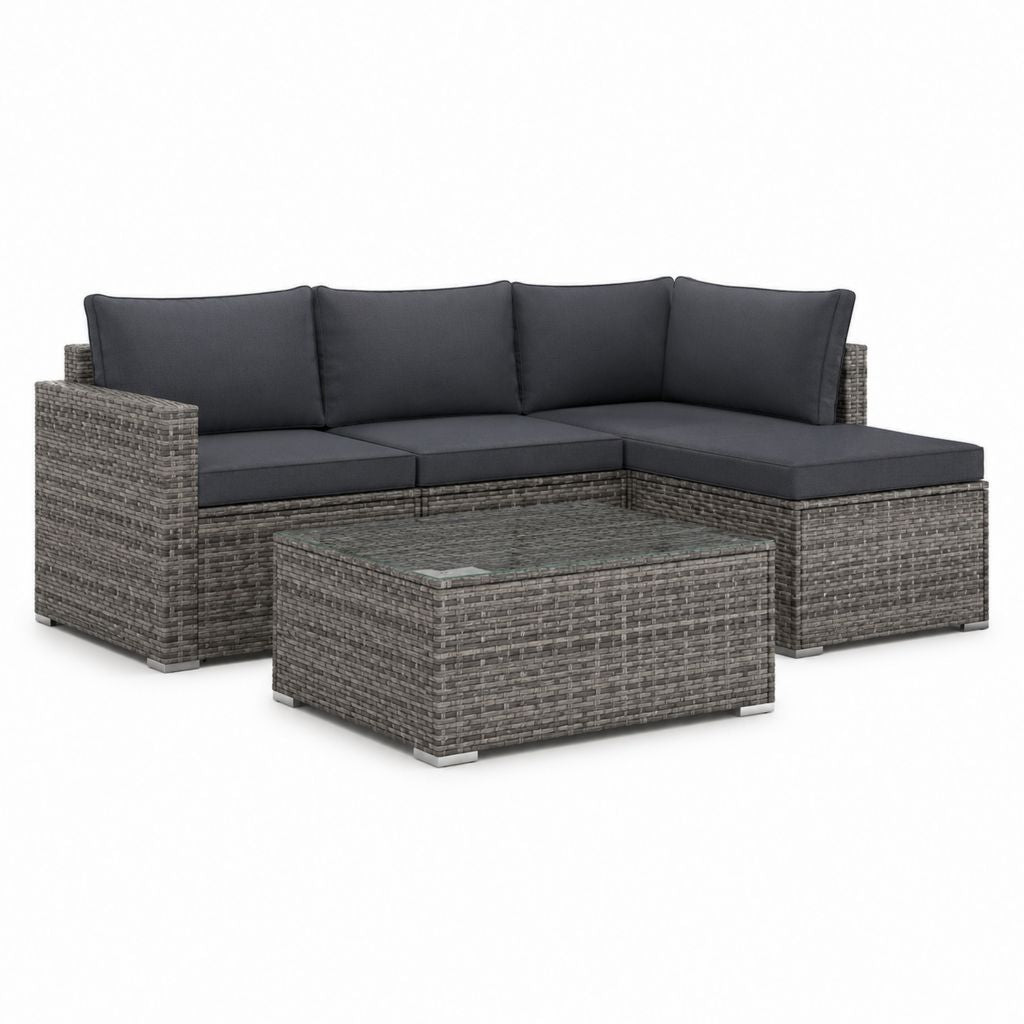 Salon de jardin d’angle 3 places gris en résine tressée avec coussins et table basse 193 x 140 x 60 cm