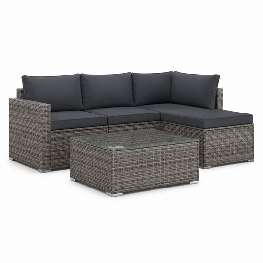 Salon de jardin d’angle 3 places gris en résine tressée avec coussins et table basse 193 x 140 x 60 cm