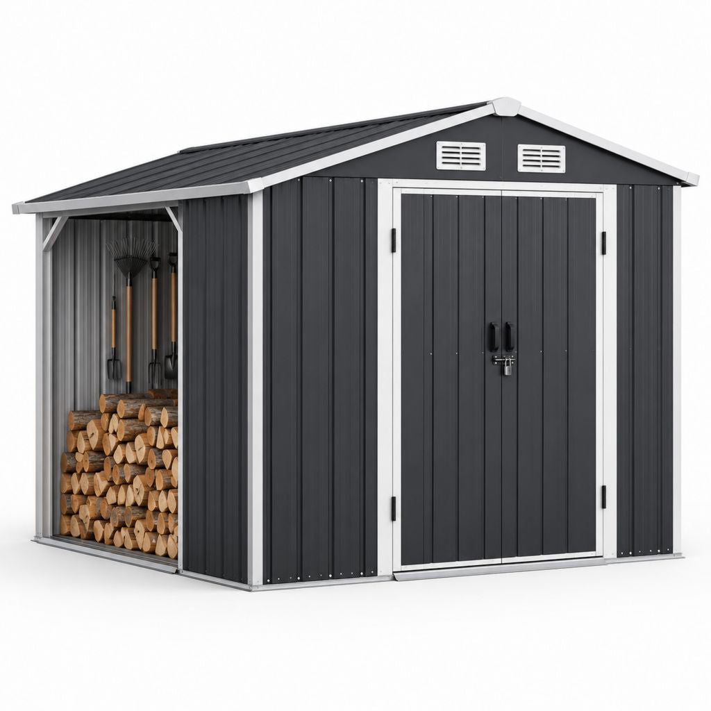 Abri de jardin rectangulaire en acier galvanisé anthracite avec bûcher latéral 277 x 191 x 192 cm