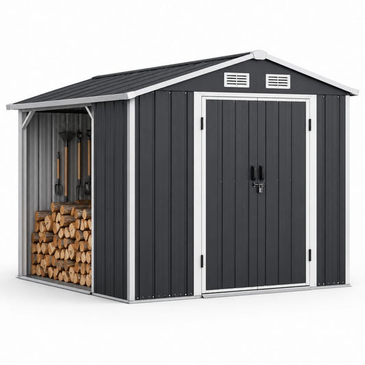 Abri de jardin rectangulaire en acier galvanisé anthracite avec bûcher latéral 277 x 191 x 192 cm