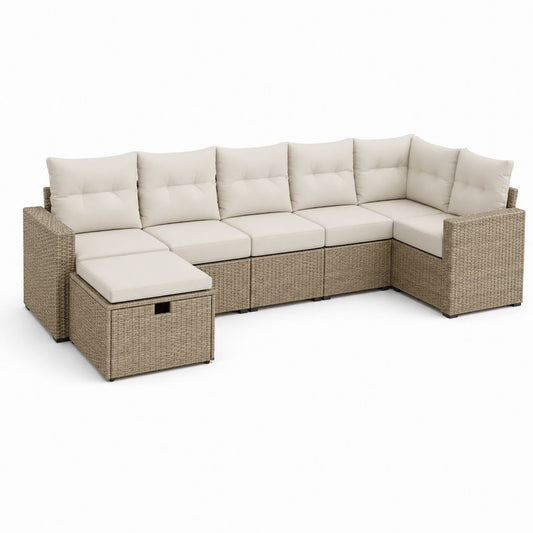 Salon de jardin d'angle 6 places avec pouf beige en résine tressée et coussins polyester crème 280 x 220 x 73 cm