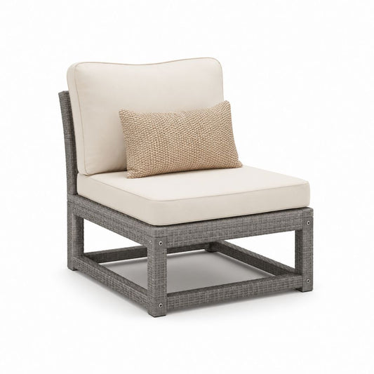 Fauteuil de jardin lounge gris et beige en résine tressée PE avec coussins 70 x 75 x 78 cm