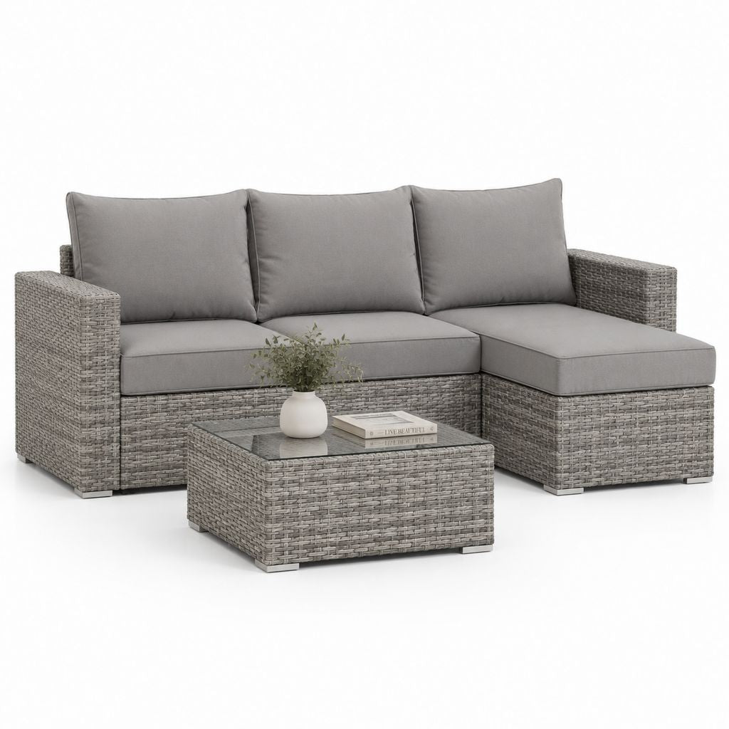 Salon de jardin d'angle 3 pièces gris en résine tressée avec coussins 193 x 70 x 63 cm