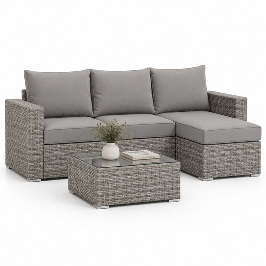 Salon de jardin d'angle 3 pièces gris en résine tressée avec coussins 193 x 70 x 63 cm