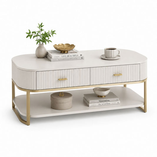 Table basse ovale blanche et dorée en MDF 120 x 60 x 45 cm avec 2 tiroirs et étagère