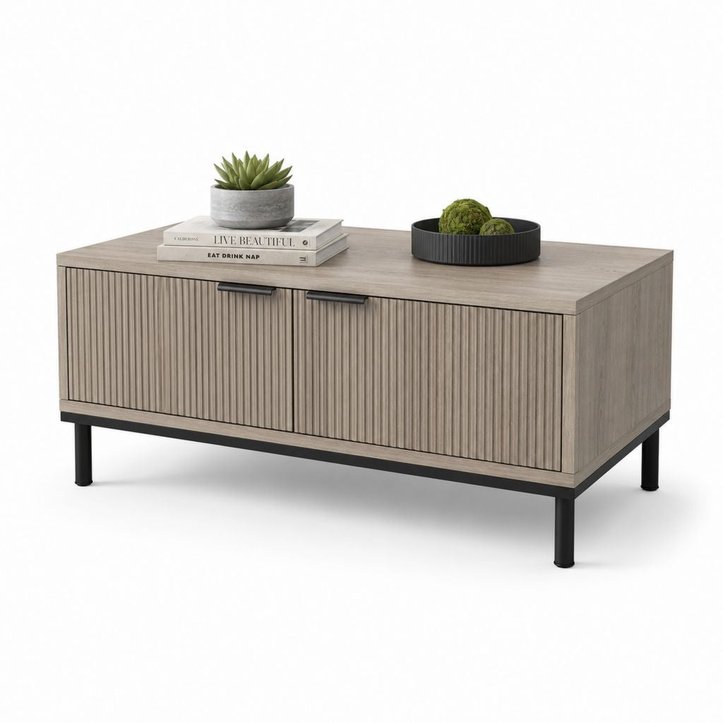Table basse avec rangement gris chêne en panneaux de particules et acier rectangulaire 100 x 50 x 45 cm