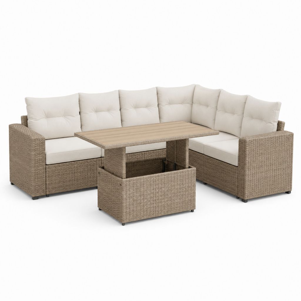 Salon de jardin d'angle 6 places en résine tressée beige avec table relevable 250 x 250 cm