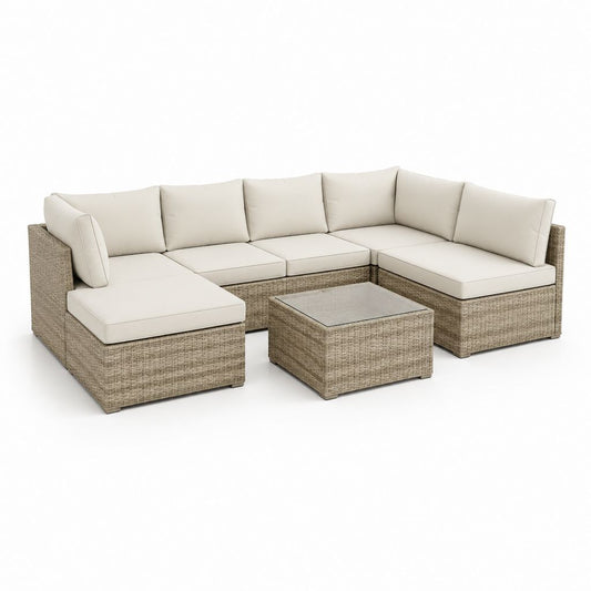 Salon de jardin d'angle 5 places beige en résine tressée PE avec table basse 260 x 200 x 85 cm