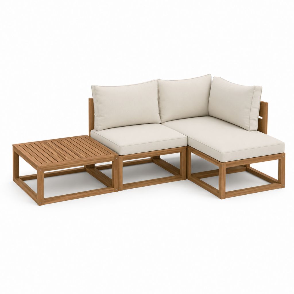 Salon de jardin d’angle 3 pièces beige et marron en acacia massif avec coussins en polyester 210 x 140 x 65 cm