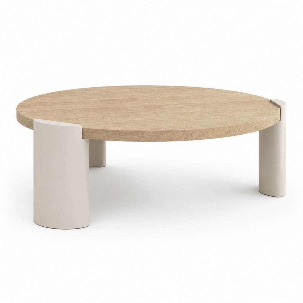Table basse ronde chêne clair et blanc cassé en MDF plaqué chêne Ø100 x H35 cm