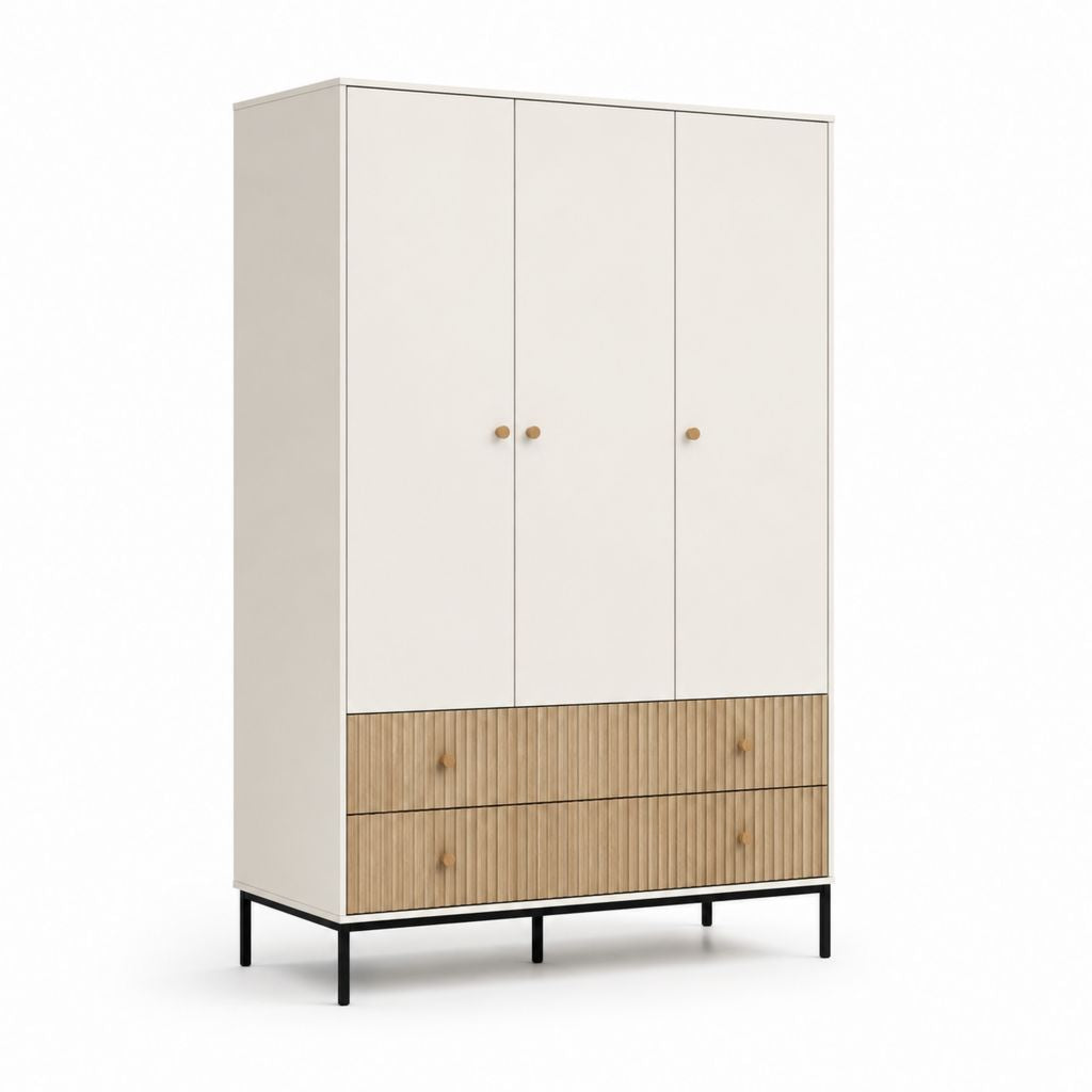 Armoire de chambre 3 portes 2 tiroirs blanc et chêne clair en panneaux de particules 120 x 55 x 200 cm