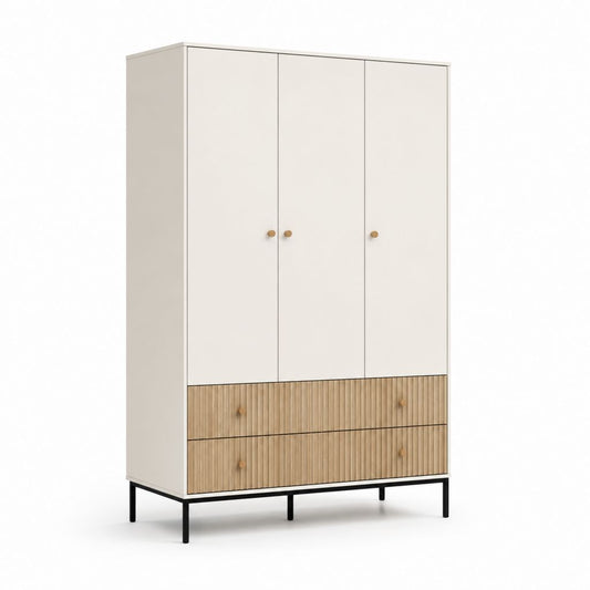 Armoire de chambre 3 portes 2 tiroirs blanc et chêne clair en panneaux de particules 120 x 55 x 200 cm