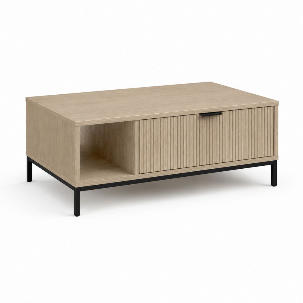 Table basse rectangulaire chêne clair en panneaux de particules avec rangement 100 x 60 x 45 cm