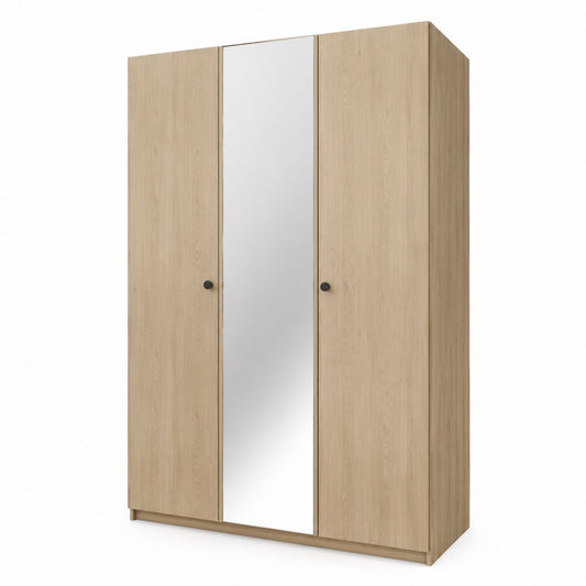 Armoire de chambre 3 portes avec miroir chêne clair en panneaux de particules 120 x 52 x 200 cm