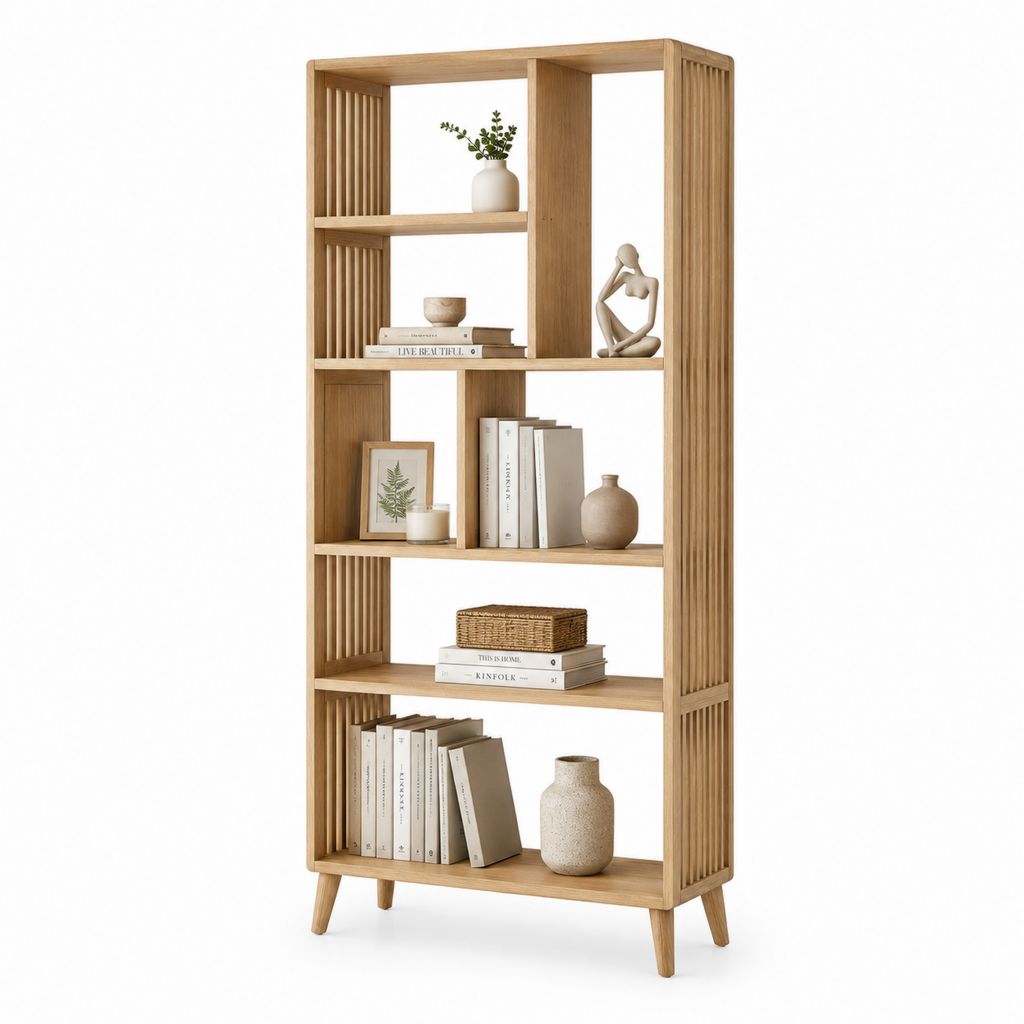 Bibliothèque ouverte 5 niveaux chêne clair en panneaux MDF plaqués chêne 80 x 30 x 180 cm