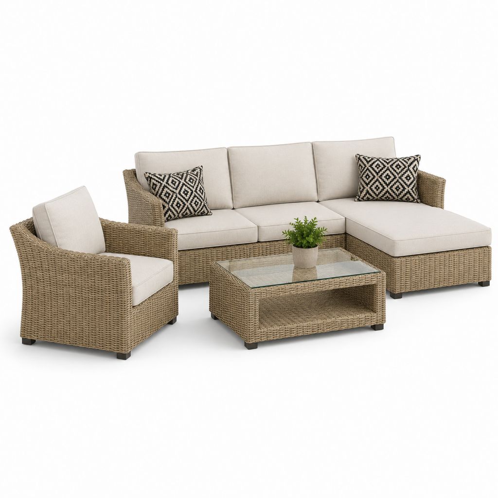 Salon de jardin d'angle 3 pièces beige en résine tressée PE avec coussins et table basse 230 x 145 x 85 cm