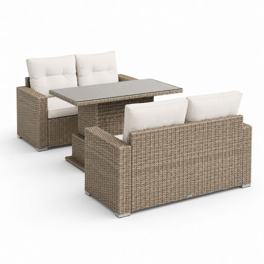 Salon de jardin 4 places en résine tressée beige avec table rectangulaire en verre trempé 140 x 80 cm