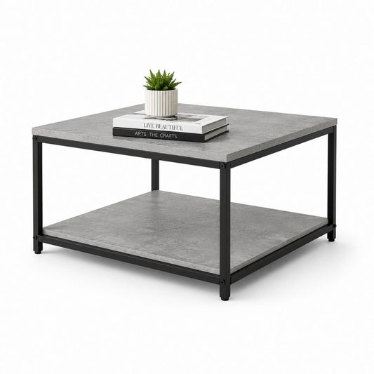 Table basse carrée gris béton et noir en panneaux MDF mélaminés et acier 80 x 80 x 45 cm