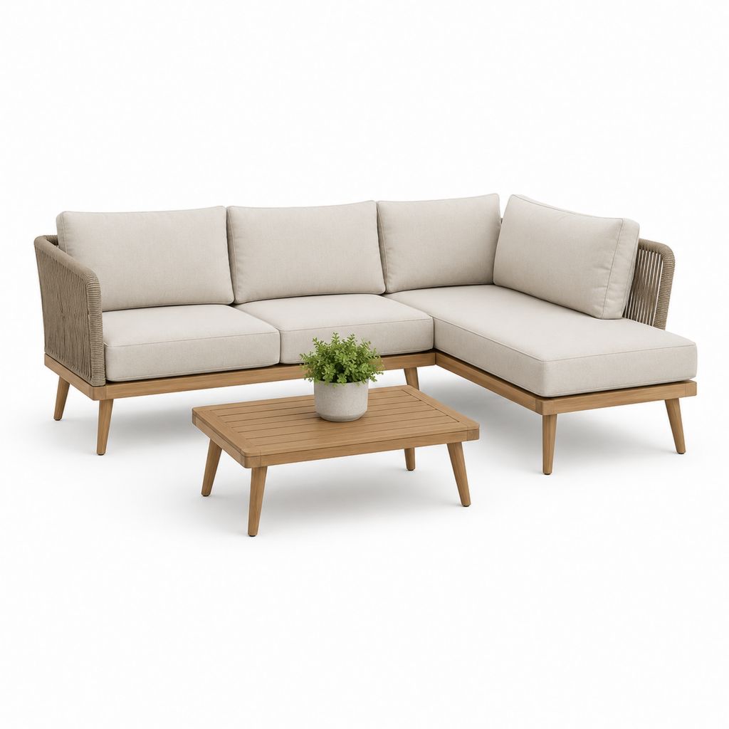 Salon de jardin d'angle 3 places avec table basse beige en acacia massif 218 x 145 x 76 cm