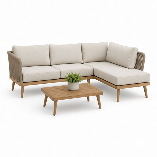 Salon de jardin d'angle 3 places avec table basse beige en acacia massif 218 x 145 x 76 cm
