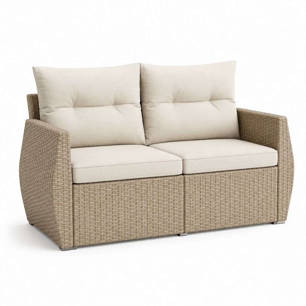 Canapé de jardin 2 places beige en résine tressée PE avec coussins 130 x 75 x 85 cm