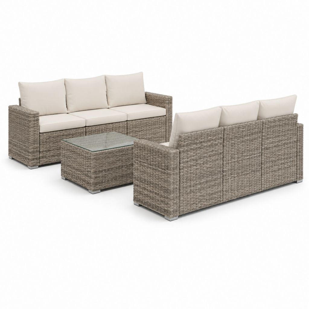 Salon de jardin 2 canapés 3 places et table basse gris beige en résine tressée PE 184 x 70 x 65 cm
