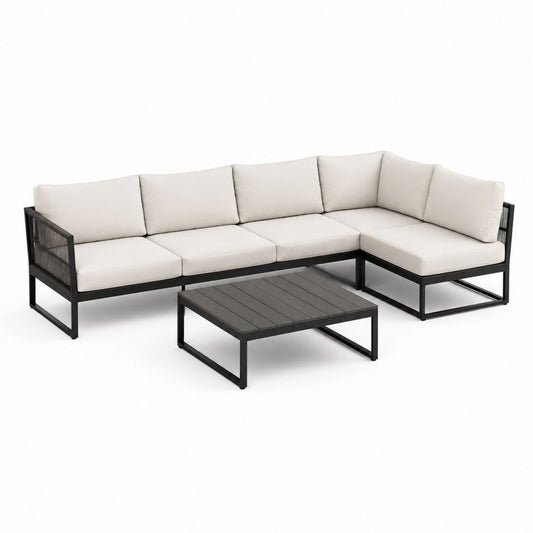 Salon de jardin d’angle 4 places en aluminium noir avec coussins polyester beige 240 x 180 x 75 cm