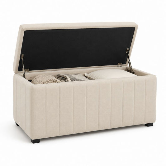 Coffre de rangement beige en polyester rectangulaire avec couvercle relevable 100 x 40 x 45 cm