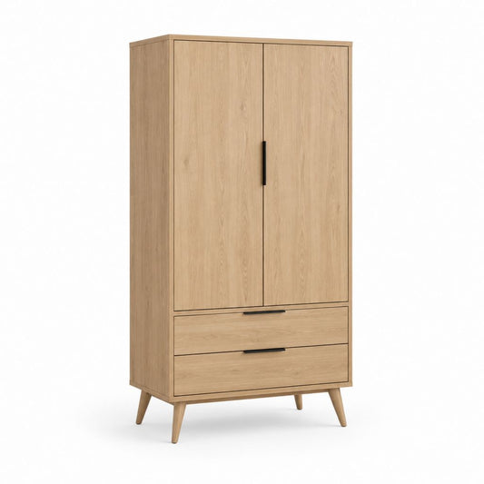 Armoire 2 portes 2 tiroirs chêne clair en panneaux de particules 90 x 55 x 190 cm