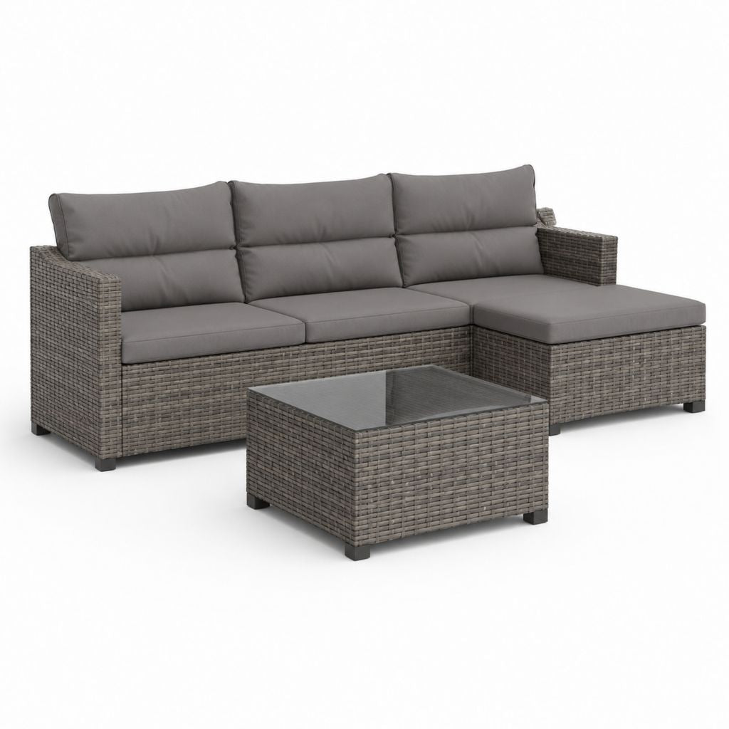 Salon de jardin d'angle 4 places gris en résine tressée PE avec table basse 218 x 140 x 65 cm