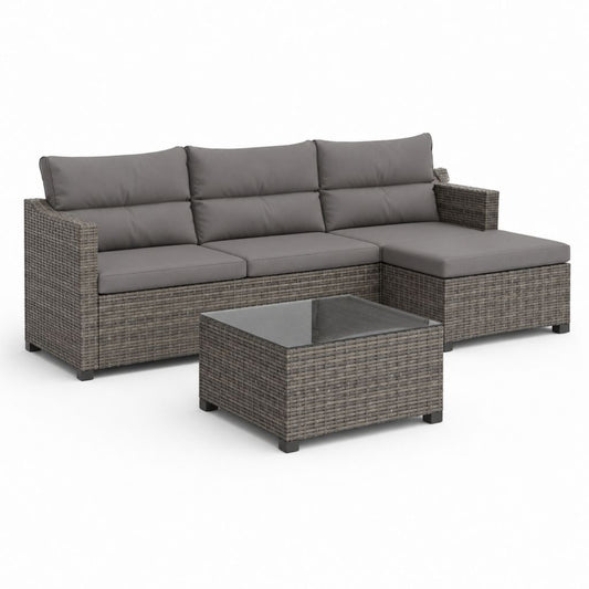 Salon de jardin d'angle 4 places gris en résine tressée PE avec table basse 218 x 140 x 65 cm