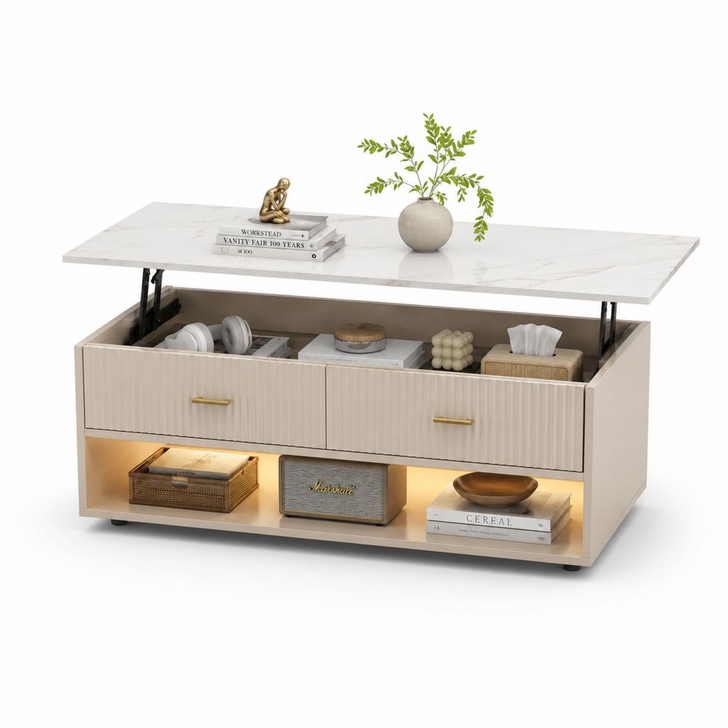 Table basse relevable rectangulaire blanche en MDF effet marbre 120 x 60 x 45 cm