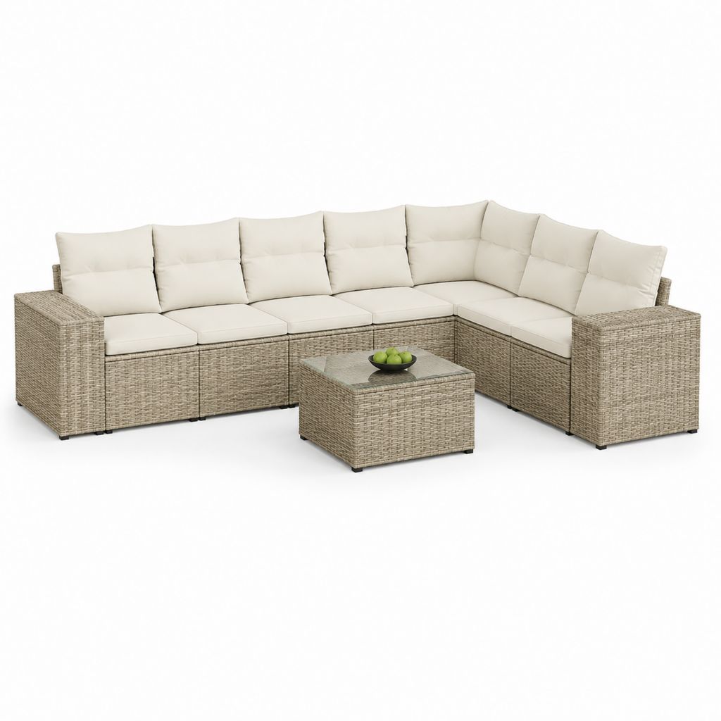 Salon de jardin d’angle 7 pièces beige en résine tressée PE avec coussins et table basse 280 x 210 cm