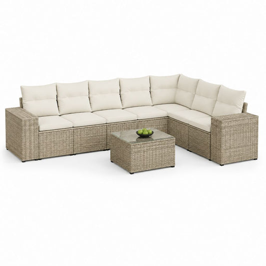 Salon de jardin d’angle 7 pièces beige en résine tressée PE avec coussins et table basse 280 x 210 cm
