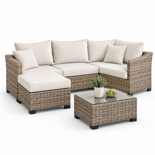 Salon de jardin d'angle 5 pièces en résine tressée beige avec table basse 240 x 180 cm