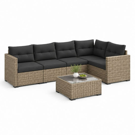 Salon de jardin d'angle 6 pièces beige et anthracite en résine tressée PE avec coussins et table basse 280 x 210 x 60 cm