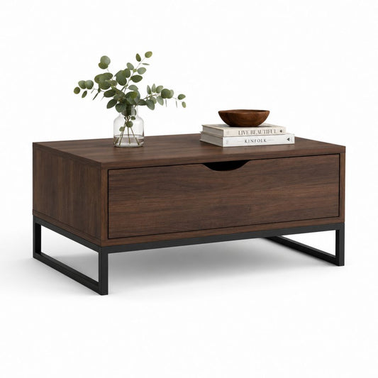 Table basse rectangulaire avec tiroir brun noyer MDF et acier 100 x 60 x 40 cm