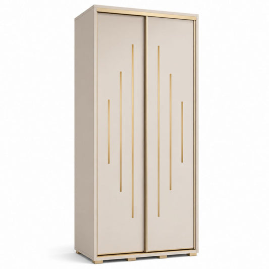 Armoire de chambre à 2 portes coulissantes beige et doré en panneaux MDF 80 x 50 x 180 cm